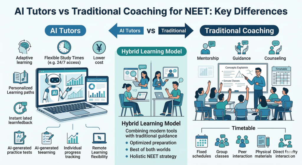 AI Tutors vs Traditional Coaching NEET infographic comparing personalization, flexibility, mentorship, and cost.