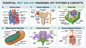 Important tricky neet biology diagrams including heart, nephron, plant cell and DNA structure