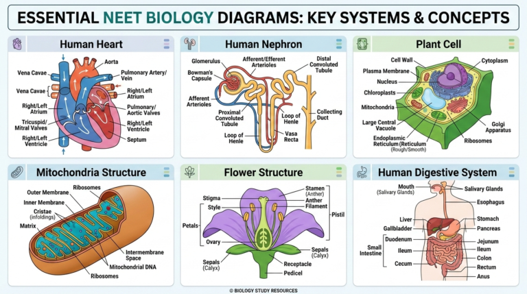 Important tricky neet biology diagrams including heart, nephron, plant cell and DNA structure