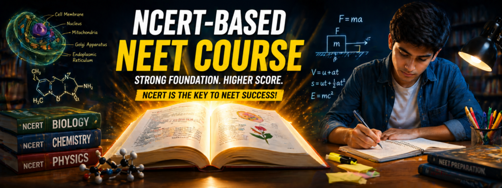 NCERT based NEET course preparation concept glowing textbook