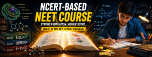 NCERT based NEET course preparation concept glowing textbook