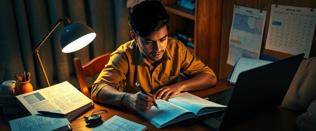 NEET weekly test strategy student solving mock test with OMR sheet and study setup