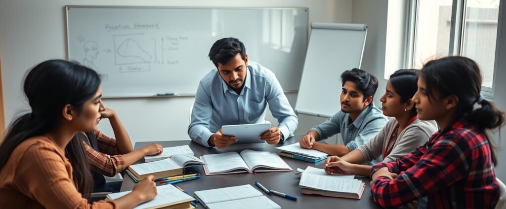 small batch NEET coaching benefits with mentor guiding students in focused classroom