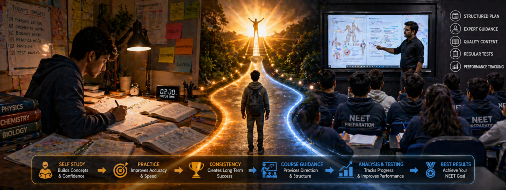 combine self study and neet course balanced preparation concept