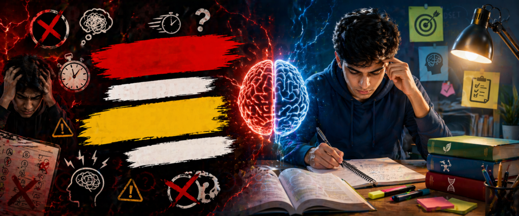 NEET exam mistakes and psychology traps student stress vs focused study concept