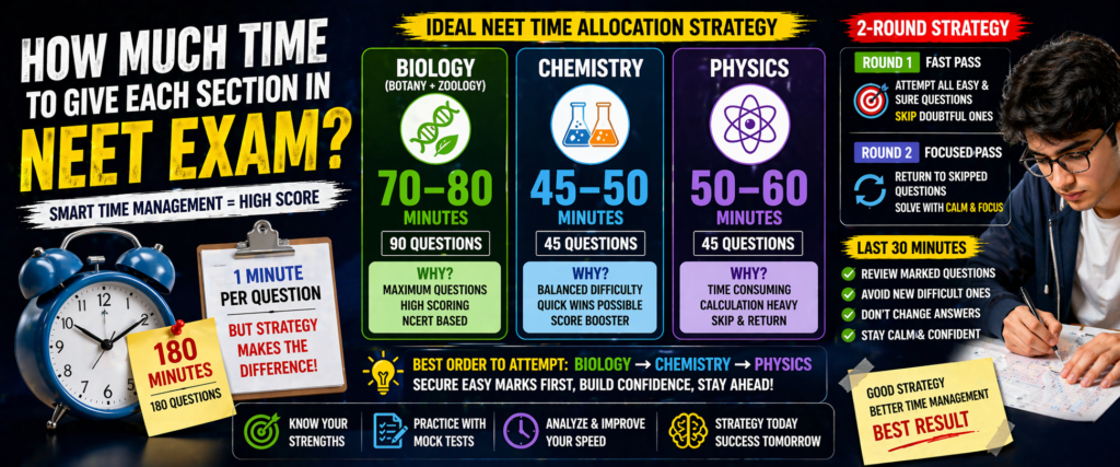 NEET time allocation strategy section wise timing biology chemistry physics