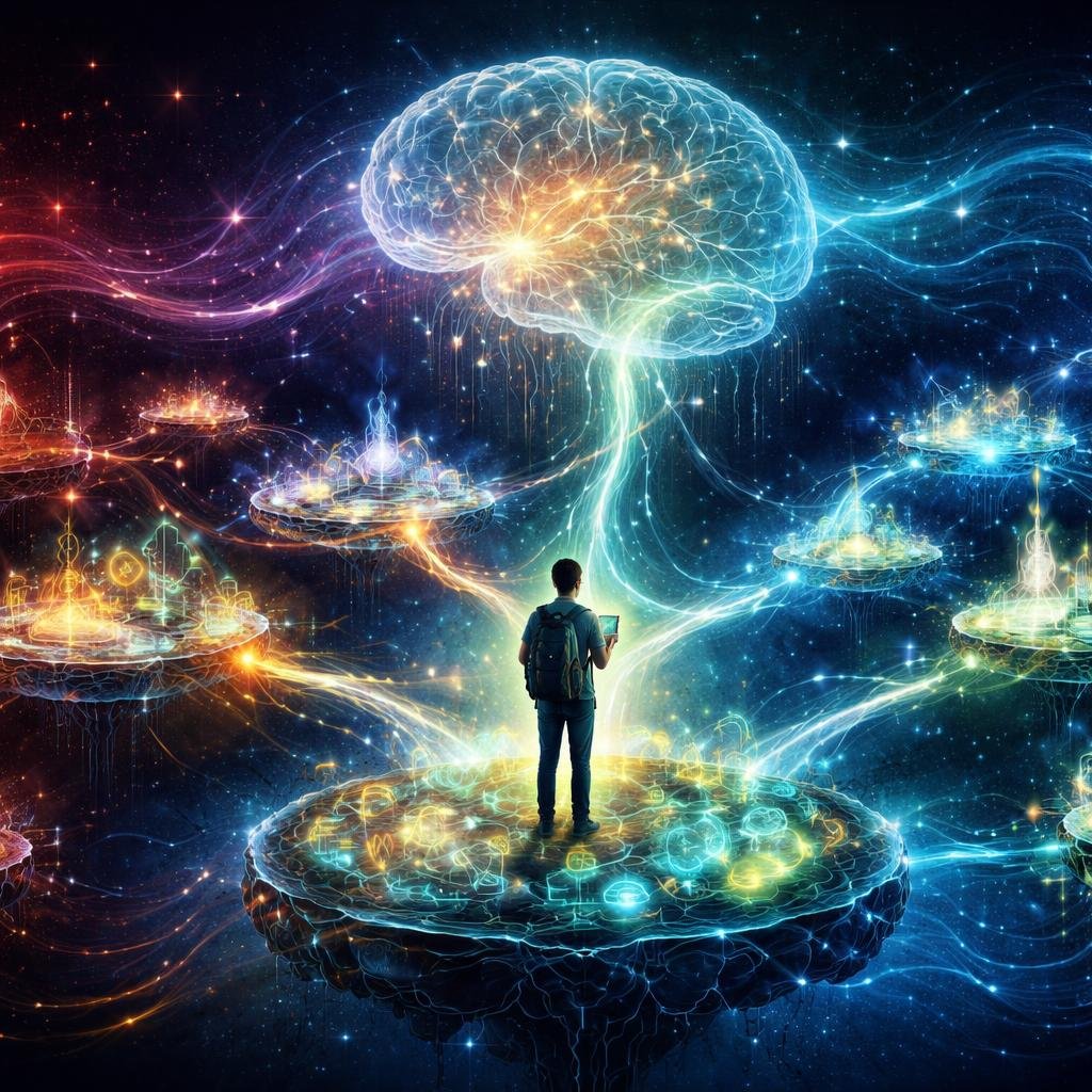 student remember physics concepts NEET connected memory islands glowing brain visualization