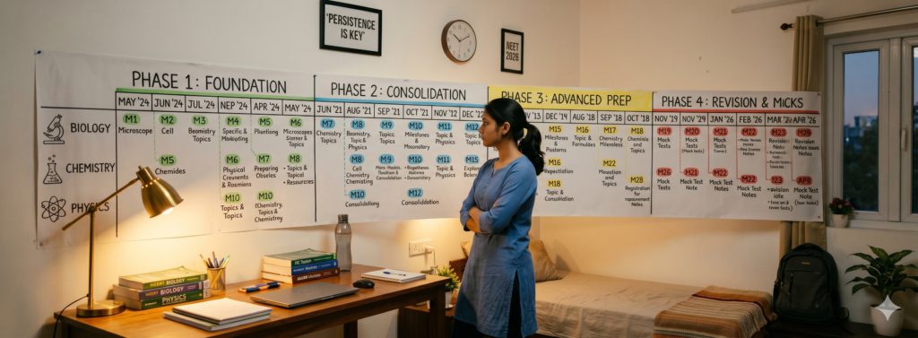 An Indian NEET 2027 aspirant standing in front of a detailed 2 year NEET study roadmap on the wall, showing four preparation phases with Biology, Chemistry and Physics milestones mapped across 24 months