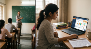 Student comparing AI tools for NEET preparation with traditional coaching in a split-screen visual