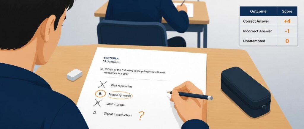 Avoid negative marking NEET 2027 by using elimination and skip-and-return strategy shown at an exam desk