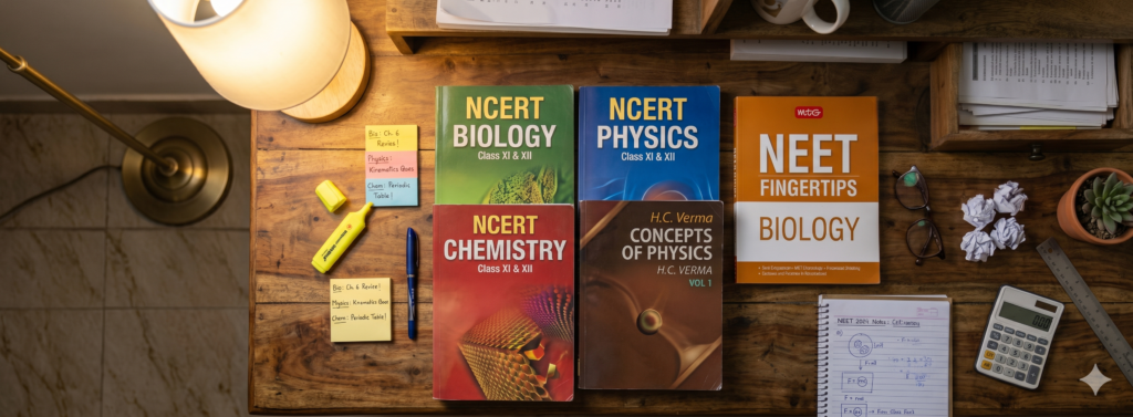 Best books for NEET 2027 preparation — NCERT, HCV, MTG Fingertips and reference books arranged on study desk
