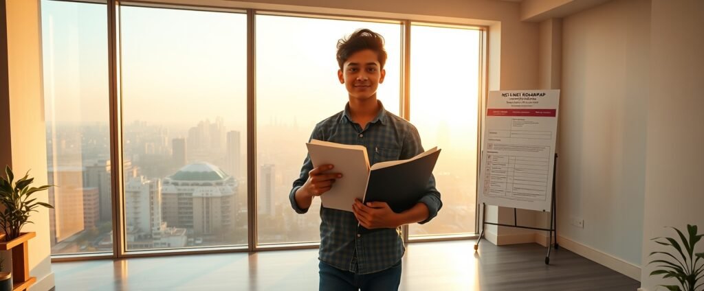 An Indian Class 11 student embarking on early NEET 2027 preparation at an organised study desk in 2025, with a NEET 2027 calendar and structured study planner in the background