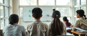 A Class 11 student engaged in a structured NEET 2027 foundation course classroom session with a teacher explaining Biology concepts on a whiteboard, representing the early preparation foundation that toppers build