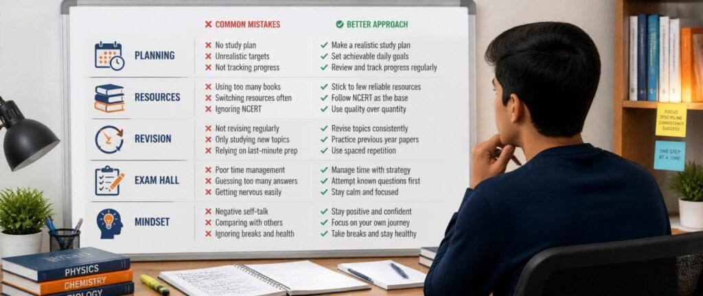 Common NEET 2027 mistakes checklist across five categories from planning and resources to exam-hall and mindset errors