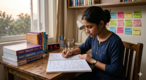 Routine of a NEET 2027 aspirant — student studying at desk in early morning
