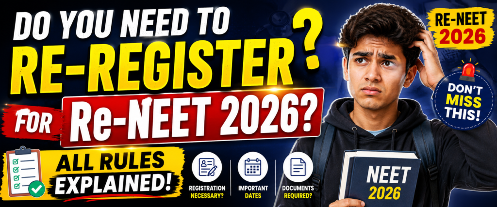 Re-NEET 2026 registration thumbnail explaining whether students need to re-register for Re-NEET 2026 with all rules and important updates