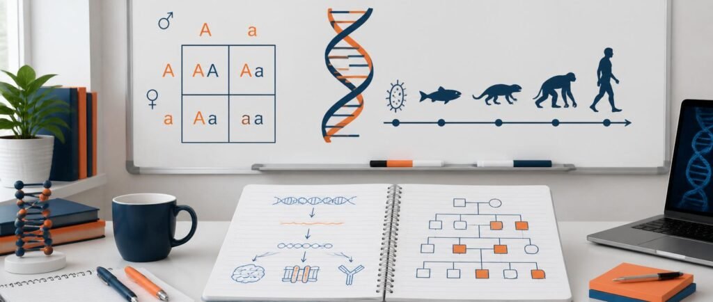 Genetics for NEET 2027 study guide showing a Punnett square, DNA helix, and evolution diagram
