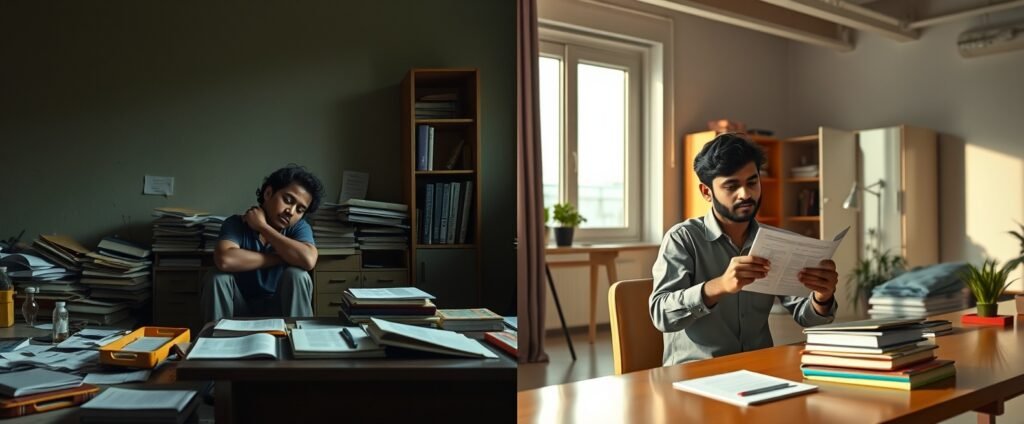 An Indian NEET student experiencing the difference in guided NEET preparation results — transitioning from isolated struggling study to confident mentor-led learning with visible progress tracking