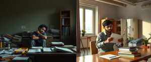 An Indian NEET student experiencing the difference in guided NEET preparation results — transitioning from isolated struggling study to confident mentor-led learning with visible progress tracking