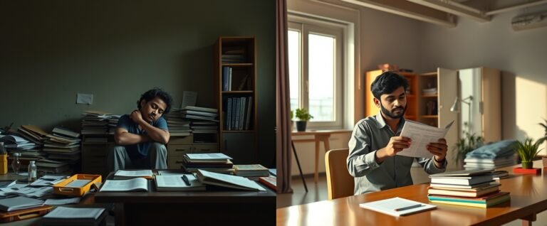 An Indian NEET student experiencing the difference in guided NEET preparation results — transitioning from isolated struggling study to confident mentor-led learning with visible progress tracking