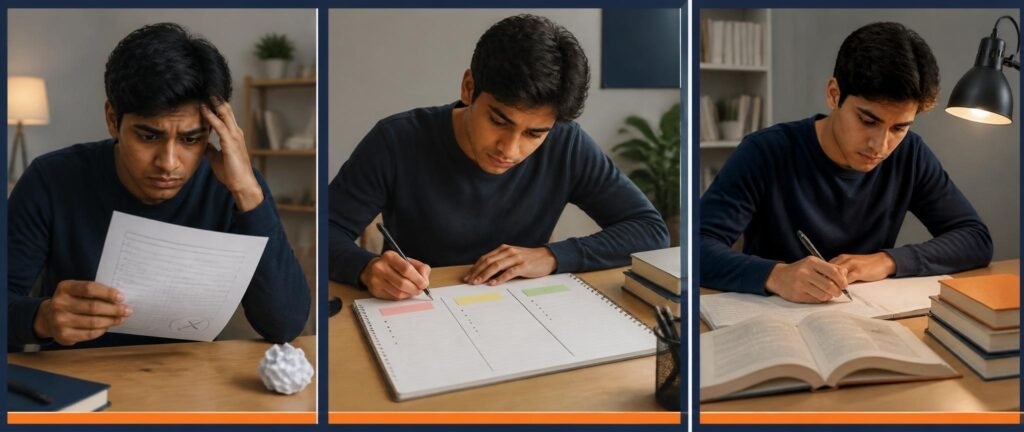 Bad mock test NEET 2027 recovery shown as a three-step process from disappointment to error analysis to focused return