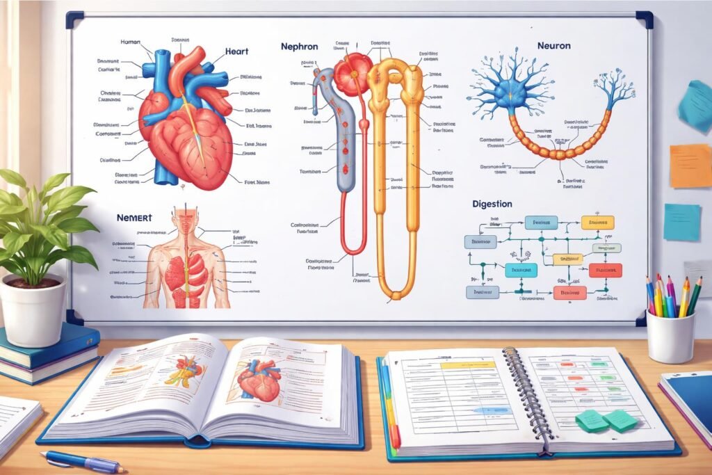 Human physiology for NEET 2027 study setup with labelled heart, nephron, and neuron diagrams and NCERT notes