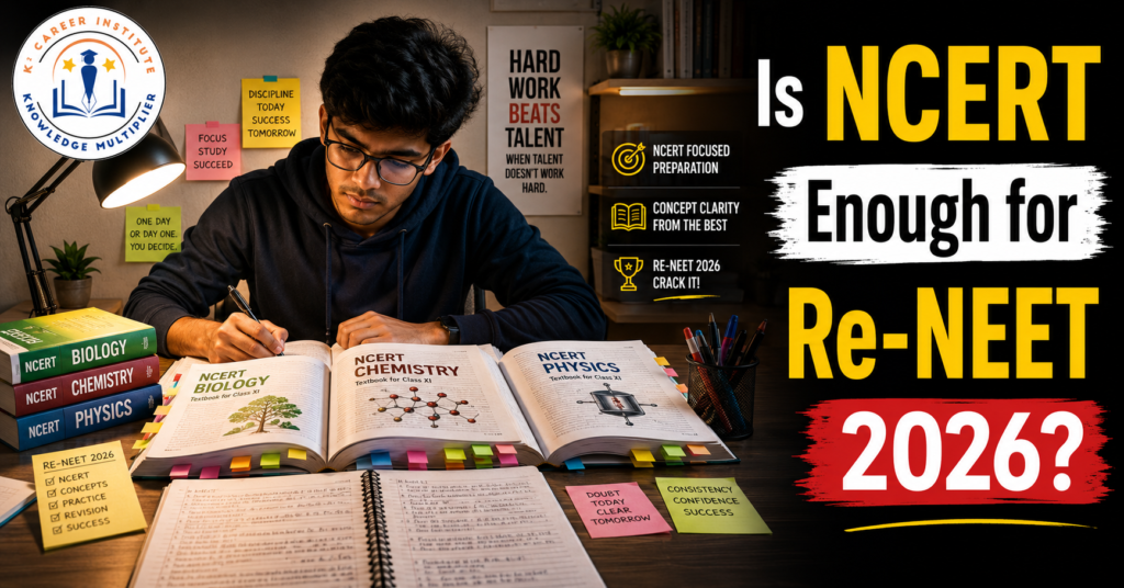 Student studying NCERT books for Re-NEET 2026 preparation - NCERT enough for Re-NEET 2026