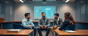 A focused NEET classroom with limited students receiving personalized mentorship, doubt-solving, and rank-oriented preparation guidance.