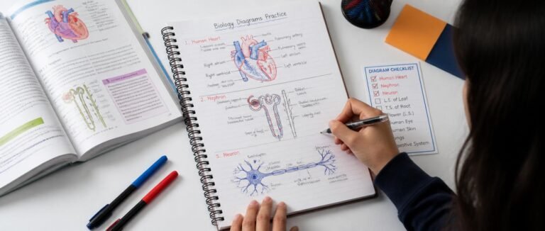 NCERT biology diagrams NEET 2027 practice notebook showing labelled heart, nephron, and neuron sketches
