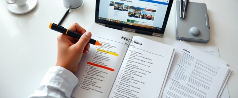 An Indian NEET aspirant reviewing NEET 2027 syllabus changes with a highlighted official chapter list and NTA reference document on their study desk, planning preparation around the rationalised syllabus framework