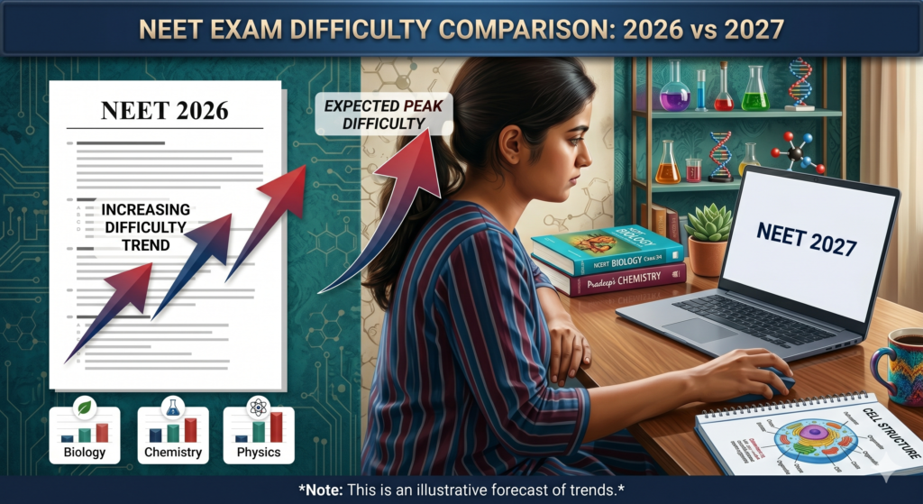 Comparison chart showing NEET 2027 difficulty analysis across Biology, Chemistry and Physics versus NEET 2026