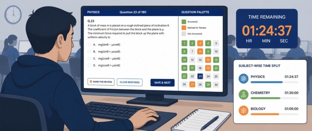 NEET 2027 exam time management using two-pass strategy and subject-wise time split shown on a CBT interface with question palette