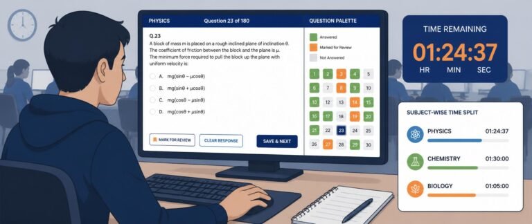 NEET 2027 exam time management using two-pass strategy and subject-wise time split shown on a CBT interface with question palette