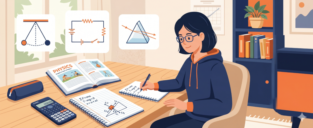NEET 2027 physics preparation with a student solving numericals using NCERT concepts and formulas