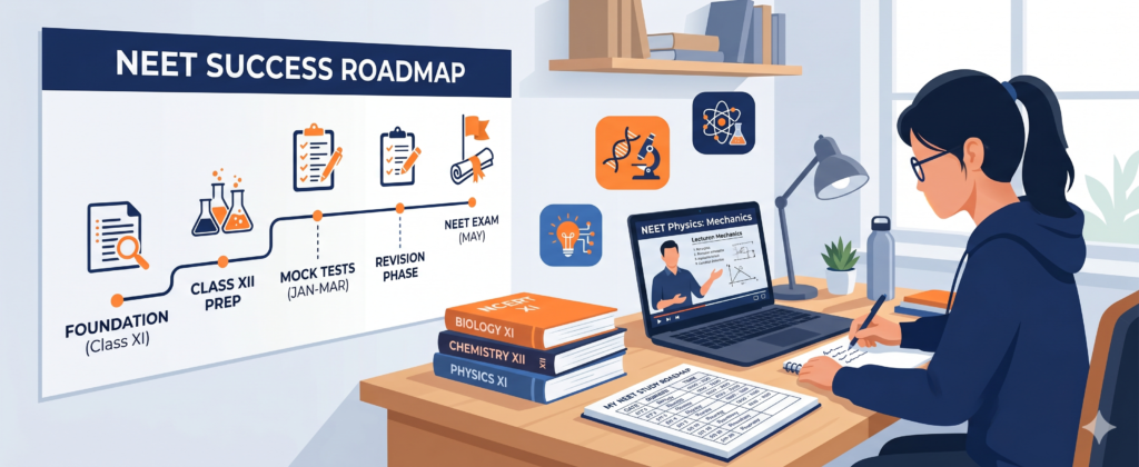 NEET 2027 self study roadmap showing a student preparing at home without coaching using books and online lectures