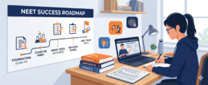 NEET 2027 self study roadmap showing a student preparing at home without coaching using books and online lectures