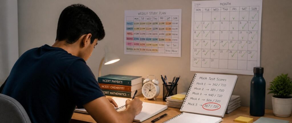 NEET 2027 tips for average students showing consistent daily study with NCERT books and a realistic score target
