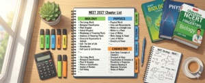 NEET 2027 syllabus chapter-wise breakdown — color-coded subject chapters with NCERT books on study desk