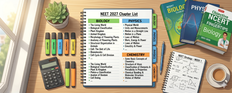 NEET 2027 syllabus chapter-wise breakdown — color-coded subject chapters with NCERT books on study desk