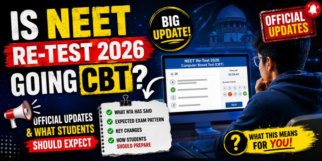 Student appearing for a computer-based mock exam on desktop screen with bold official announcement graphics and exam update visuals, highlighting NEET Re-Test 2026 CBT Mode and what students should expect in the upcoming re-exam.