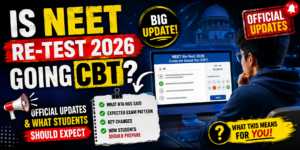 Student appearing for a computer-based mock exam on desktop screen with bold official announcement graphics and exam update visuals, highlighting NEET Re-Test 2026 CBT Mode and what students should expect in the upcoming re-exam.
