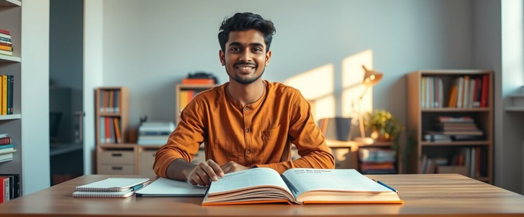 A composed Indian NEET aspirant reviewing a 660+ mock test result at their study desk, representing the calm confidence produced by a well-executed NEET 650 score strategy built over two years of structured preparation