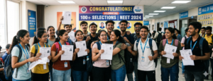 A group of successful Indian NEET students celebrating their results at a coaching institute that achieves 100 NEET selections yearly