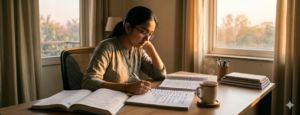 An Indian NEET aspirant studying at a well-organised desk in the morning light following a disciplined NEET topper daily schedule with textbooks and a handwritten timetable