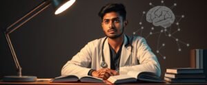 A focused NEET aspirant embodying the NEET topper mindset 2027 while studying at night