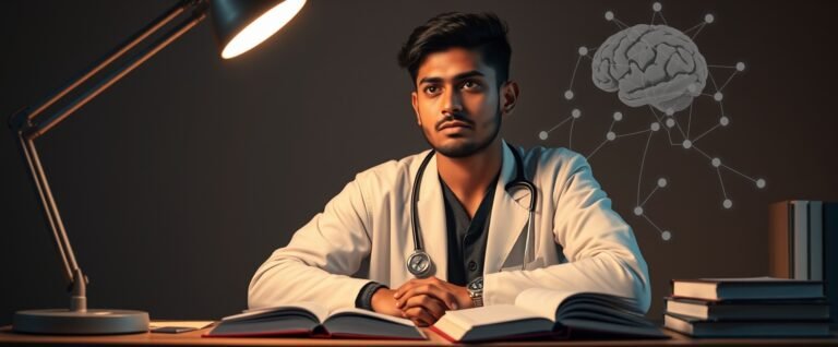 A focused NEET aspirant embodying the NEET topper mindset 2027 while studying at night