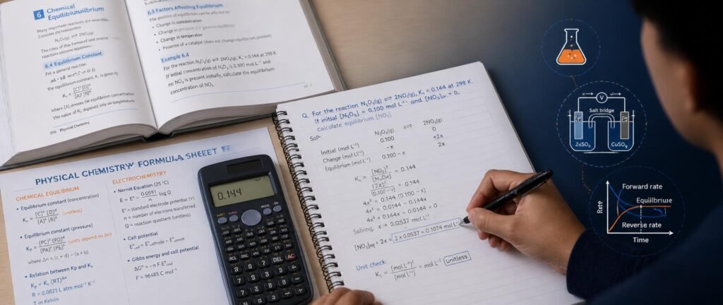 Physical chemistry for NEET 2027 study setup with formula sheet, step-by-step numerical method, and unit conversion notes