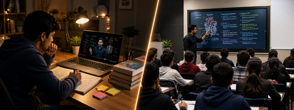 recorded vs live neet courses comparison study environment concept