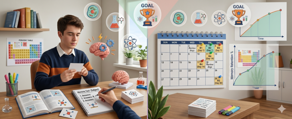 Revision strategy for NEET 2027 using active recall and a spaced repetition review schedule