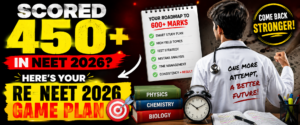 Determined NEET aspirant in doctor coat planning comeback preparation with books, study roadmap, alarm clock, and bold motivational text about Re-NEET 2026 strategy for 450 scorers in a dramatic YouTube thumbnail style banner.